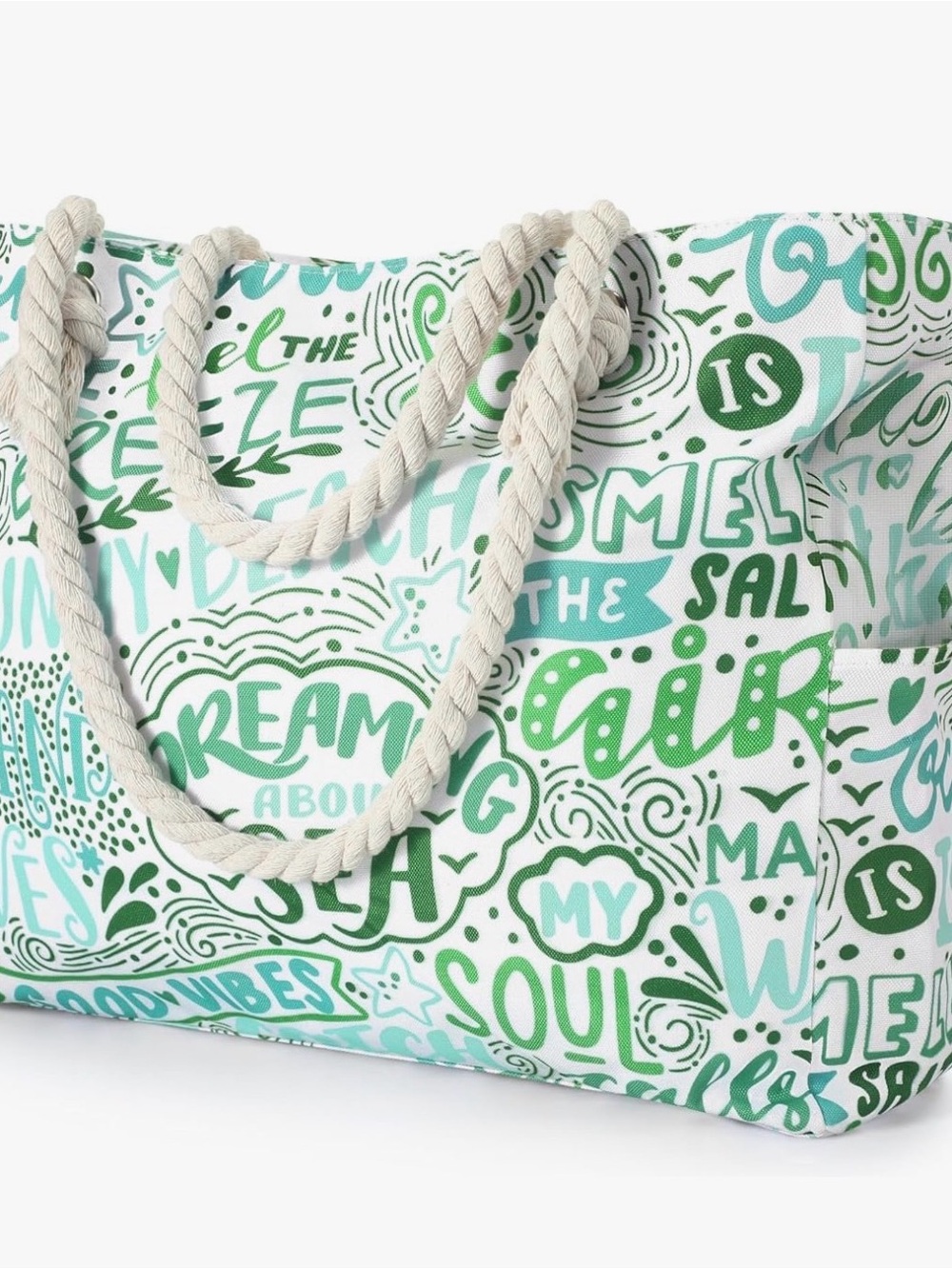 Canvas Beach Tote Bag in Mint & Green